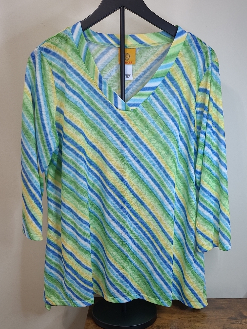 Ruby Rd Green/Blue/Yellow Diagonally Striped V-Neck Blouse size Large
